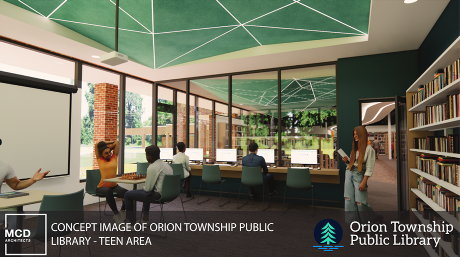 Teen Area with public seating, computer area, and digital display screen.