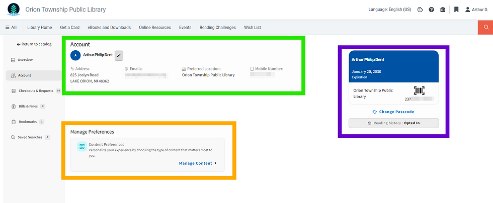 Screenshot of the Discover Account page with the Account information, Card and Passcode, and Preference sections hightlighted.