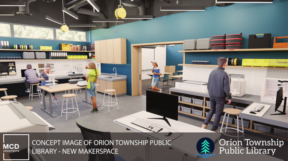 Expanded Makerspace with additional workspace and equipment.