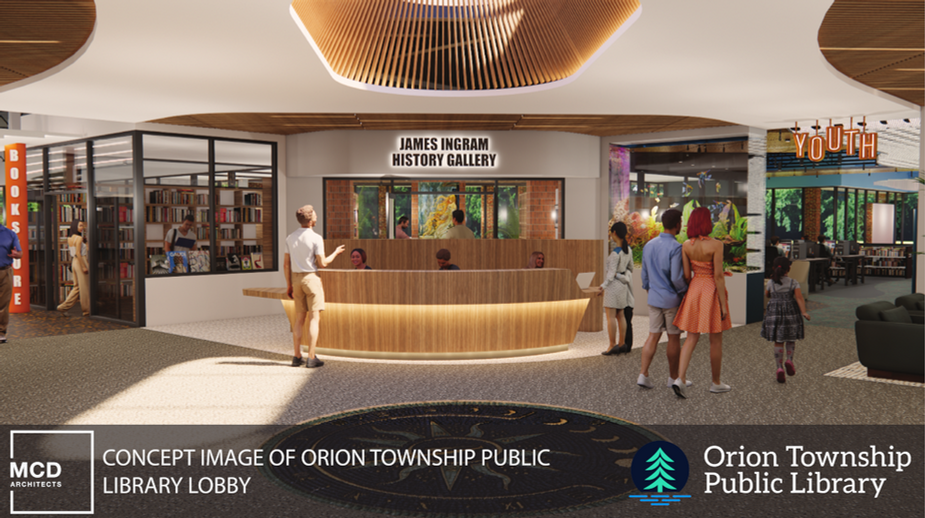 Lobby with new welcome desk, enclosed Friends Bookstore, History Gallery, and Youth Entrance.