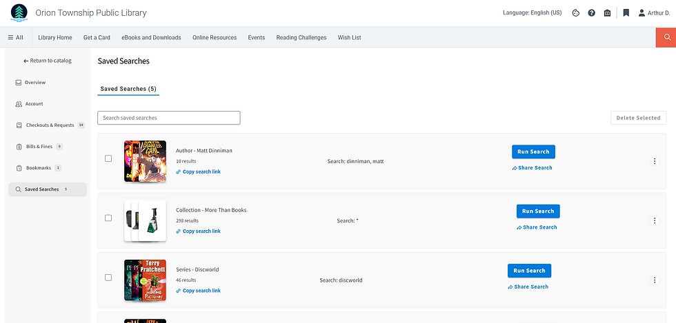 Screenshot of the Discover Saved Searches page.