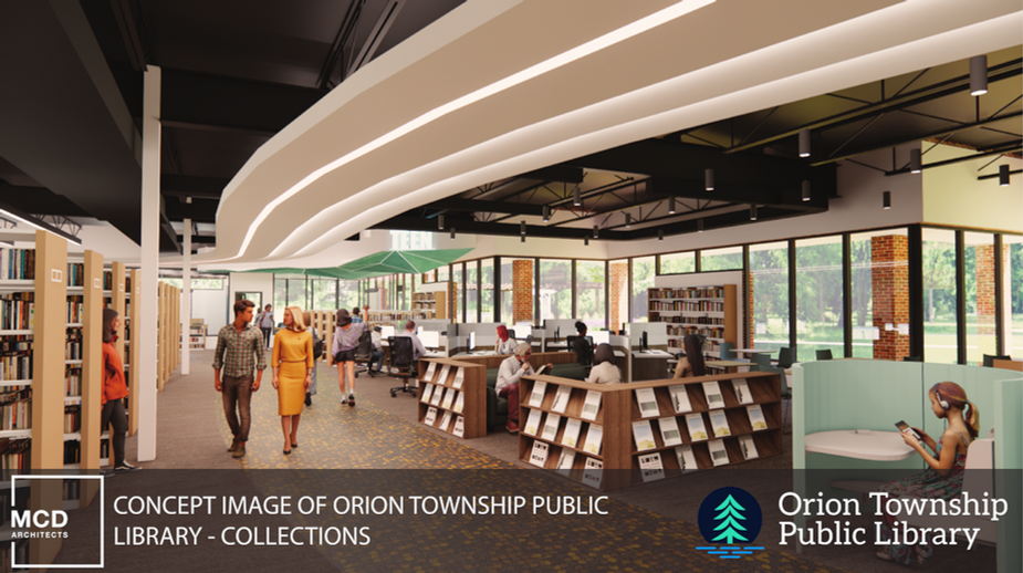 Adult Collections featuring shelving, public seating, and public computer area.
