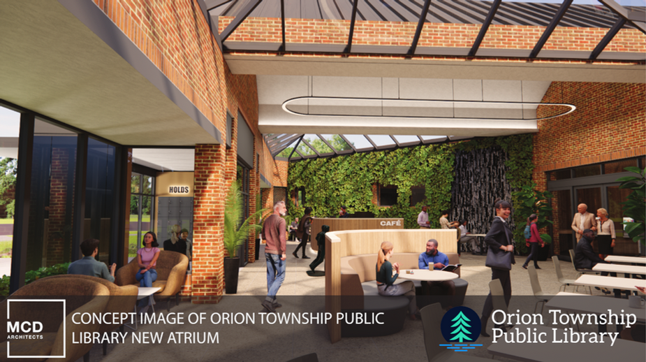 Atrium with public seating and skylights.