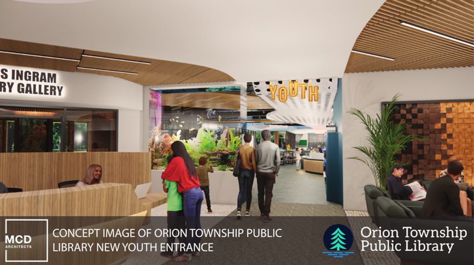 Youth Entrance with large, 3-sided fish tank.