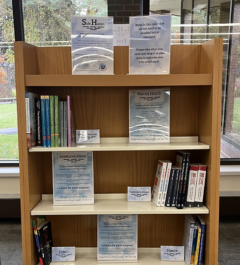 Free-standing bookshelf containing the library's Safe Haven Collection